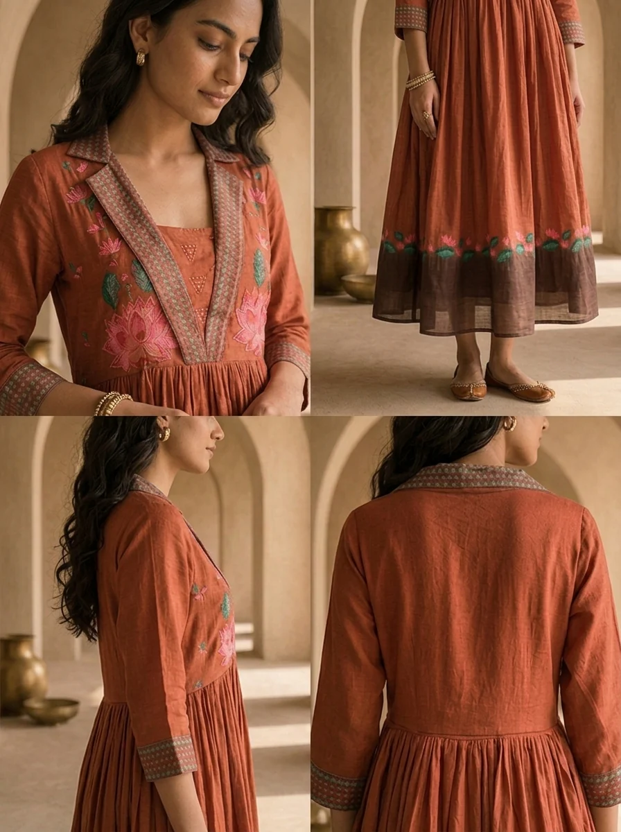 Brown Cotton Patch Embroidery And Floral Printed Long Dress - Image 5