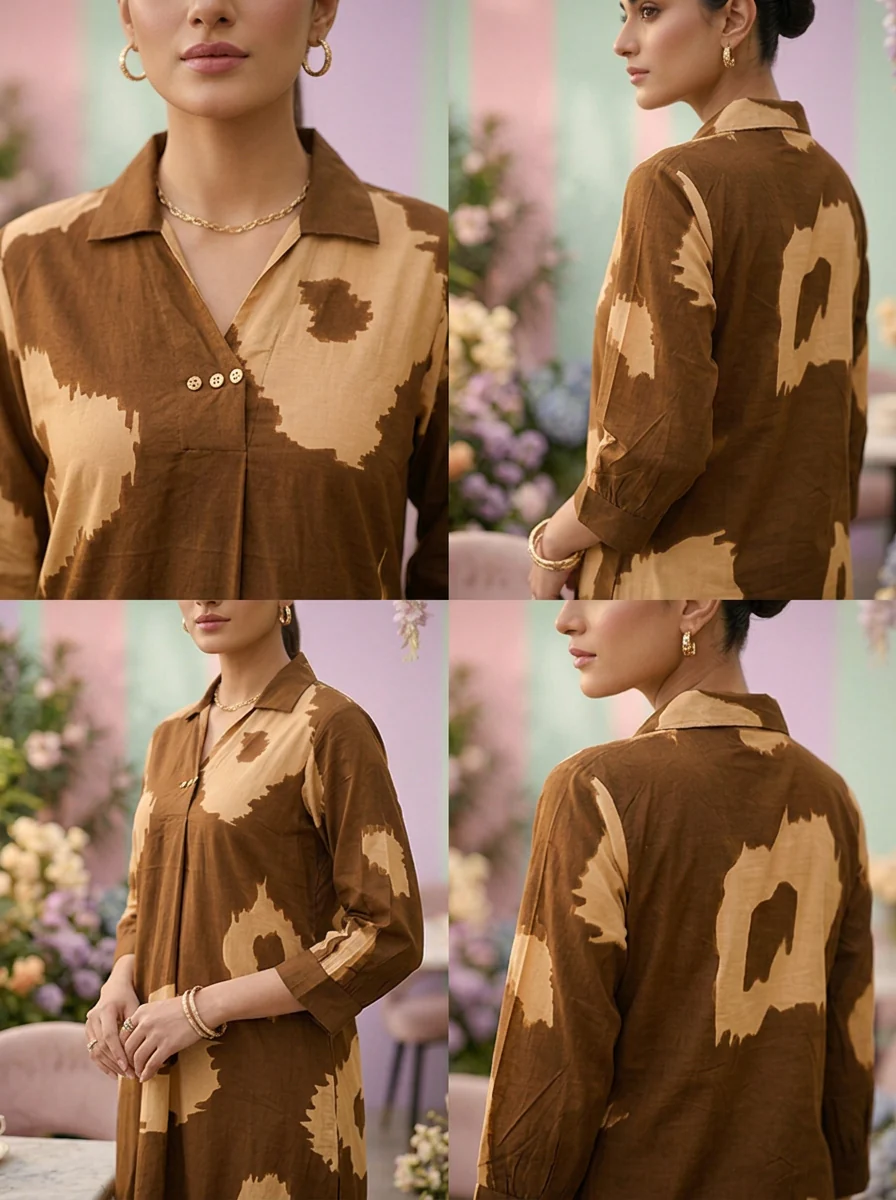 Brown Cotton Printed Two Piece Set - Image 3