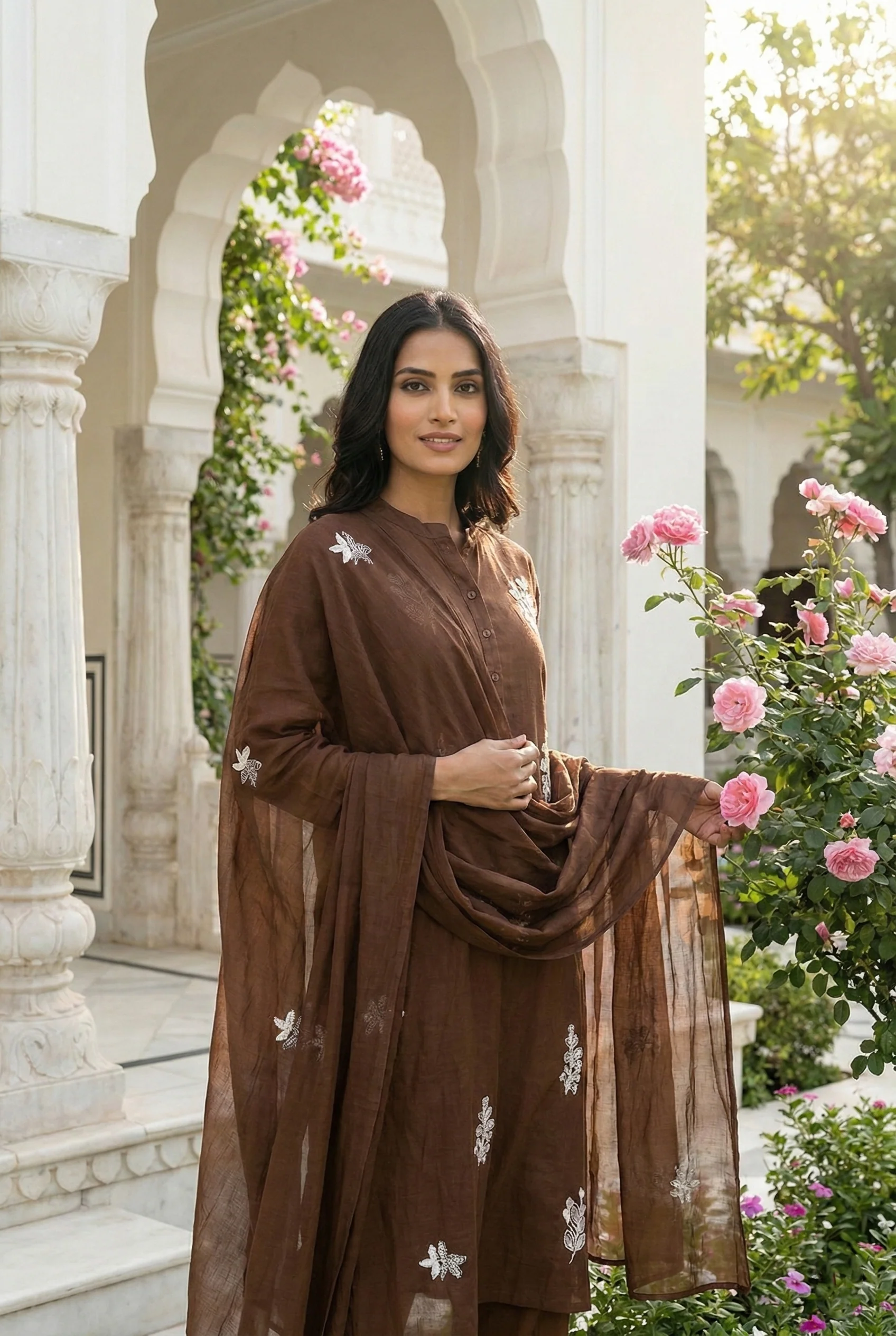 Brown Silk Floral Embroidery Three Piece Set - Image 2