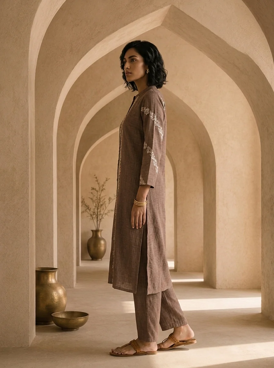 Brown Thread Embroidered Rayon Two Piece Set - Image 3