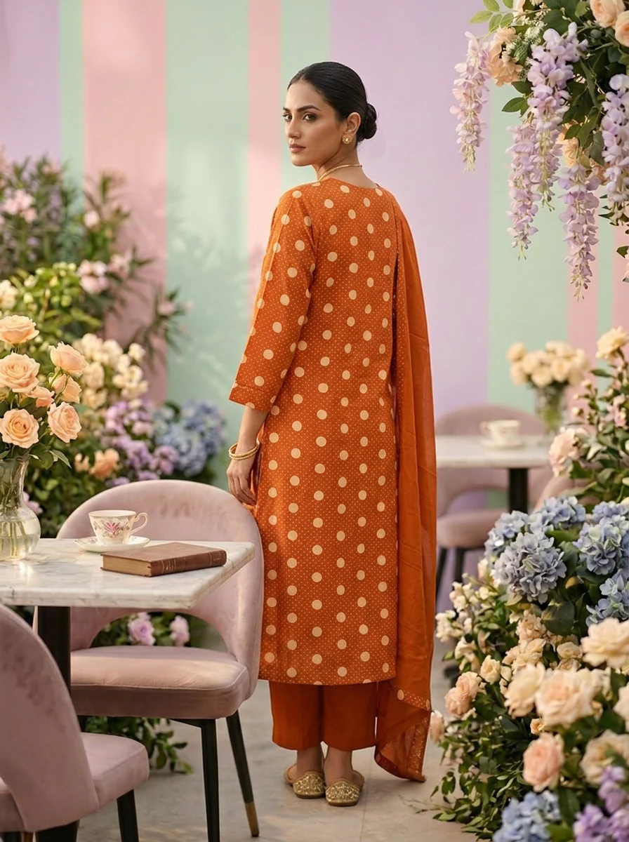 Burnt Orange Cotton Printed Three Piece Set - Image 2