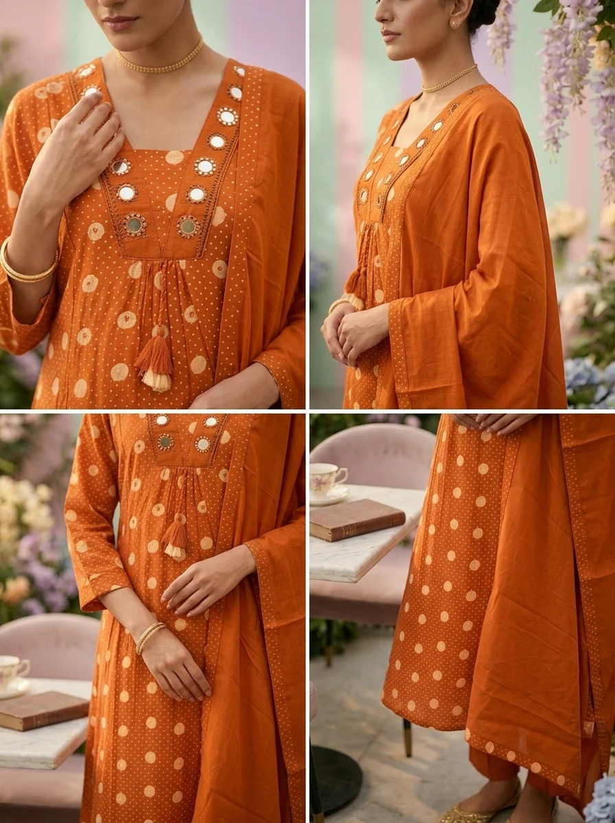 Burnt Orange Cotton Printed Three Piece Set - Image 3