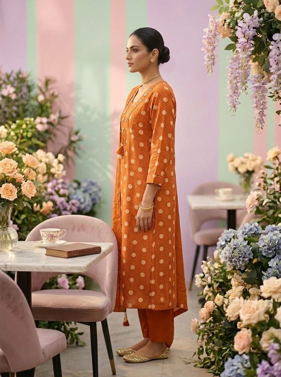 Burnt Orange Cotton Printed Three Piece Set - Image 4