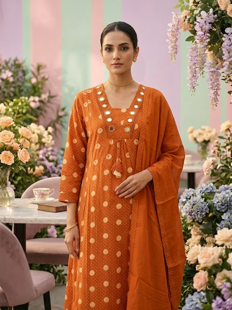 Burnt Orange Cotton Printed Three Piece Set - Image 5