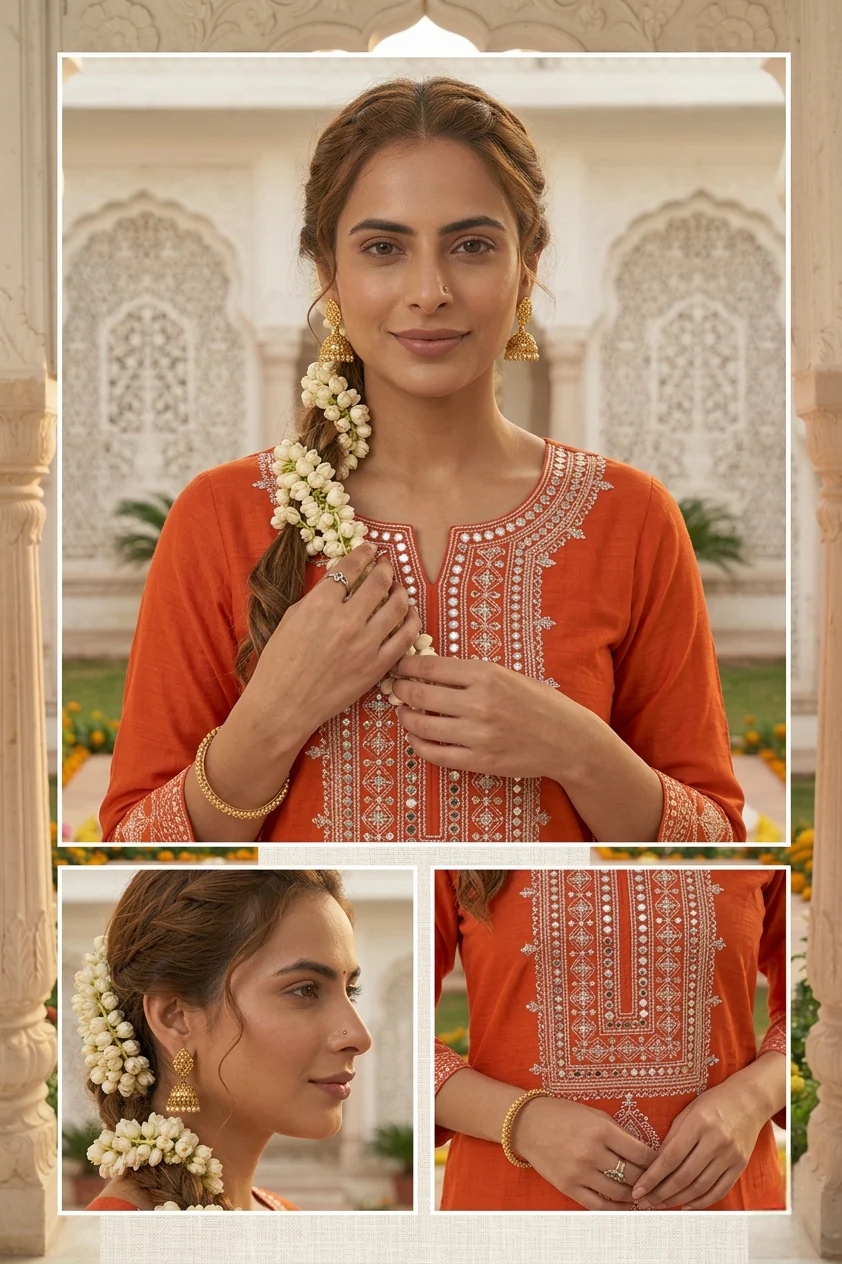 Burnt Orange Cotton Thread Embroidery Kurta - Image 3