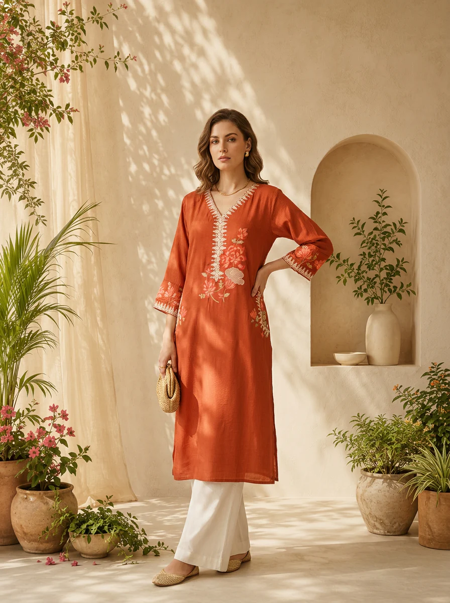 Burnt Orange Solid Design And Floral Thread Embroidery Kurta - Image 2
