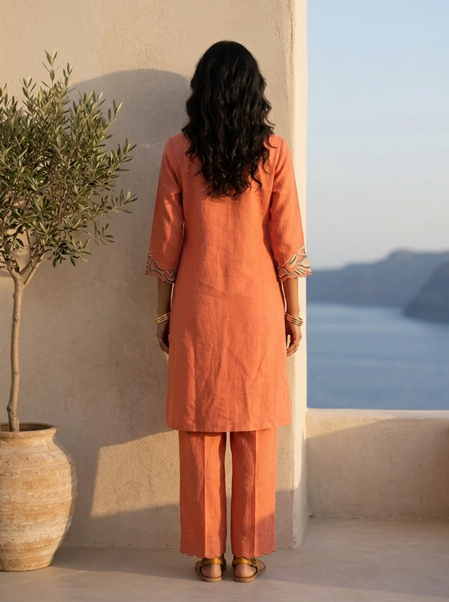 Burnt Orange Solid Design And Hand Thread Embroidery Two Piece Set - Image 2