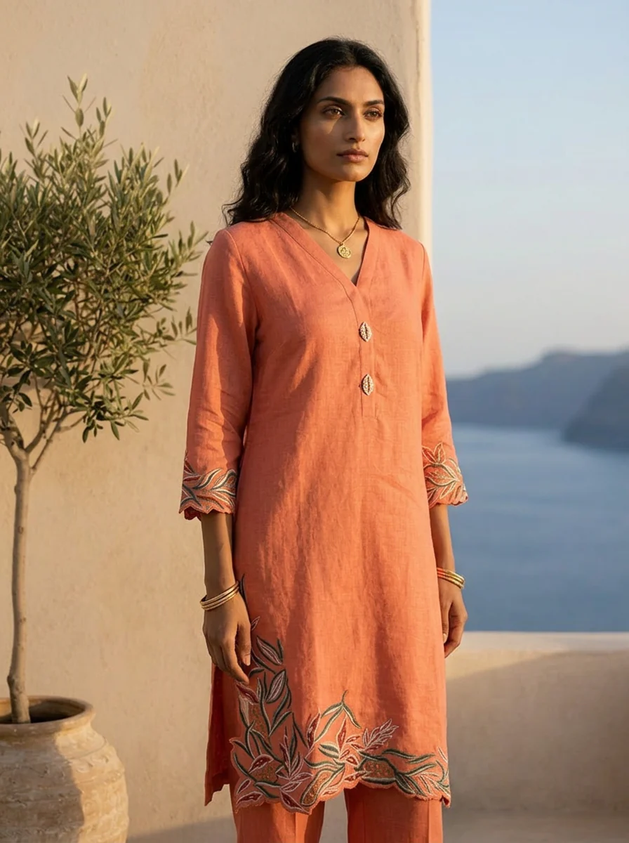 Burnt Orange Solid Design And Hand Thread Embroidery Two Piece Set - Image 4