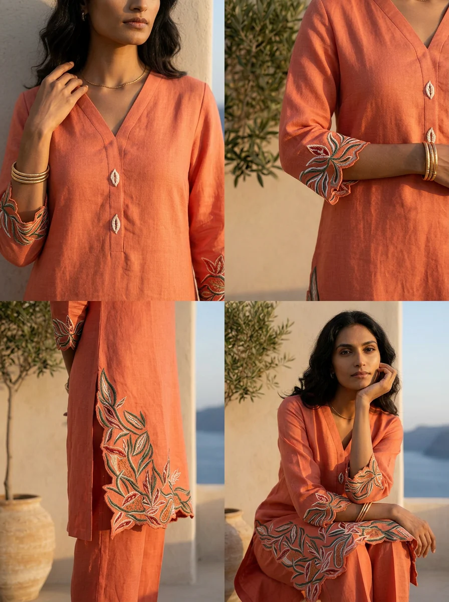 Burnt Orange Solid Design And Hand Thread Embroidery Two Piece Set - Image 5