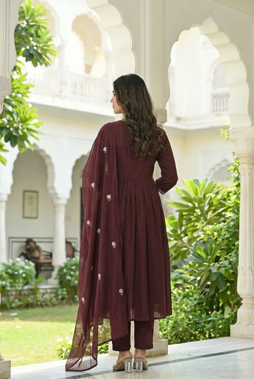 Choclate Cotton Embroidery Three Piece Set - Image 4