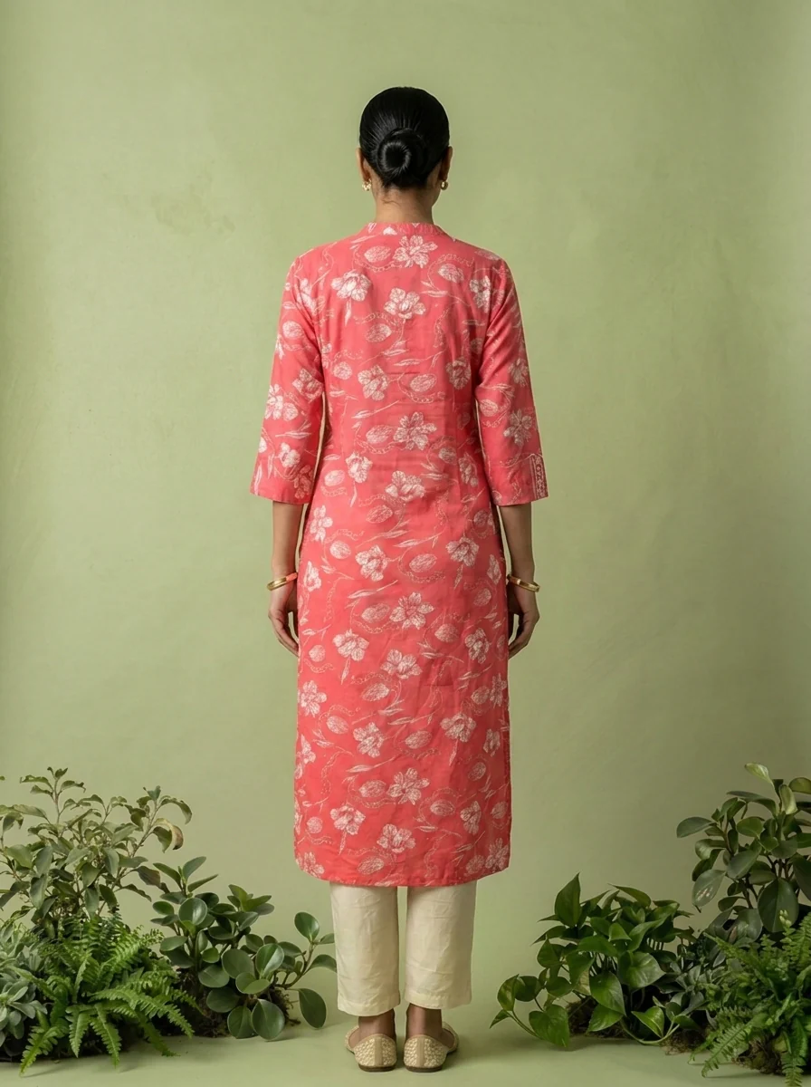 Coral Cotton Patch Embroidered And Printed Kurta - Image 3