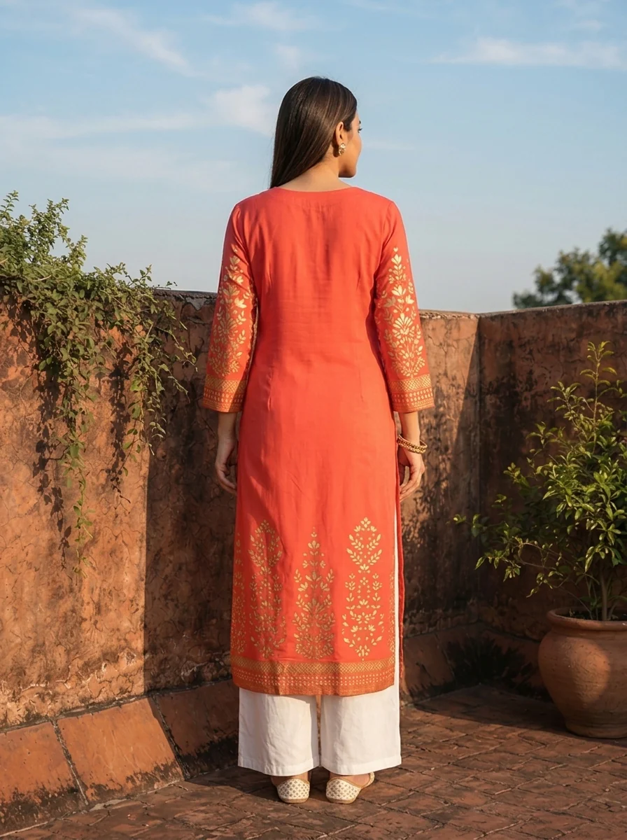 Coral Orange Rayon Floral Motifs Printed Kurta - Image 2