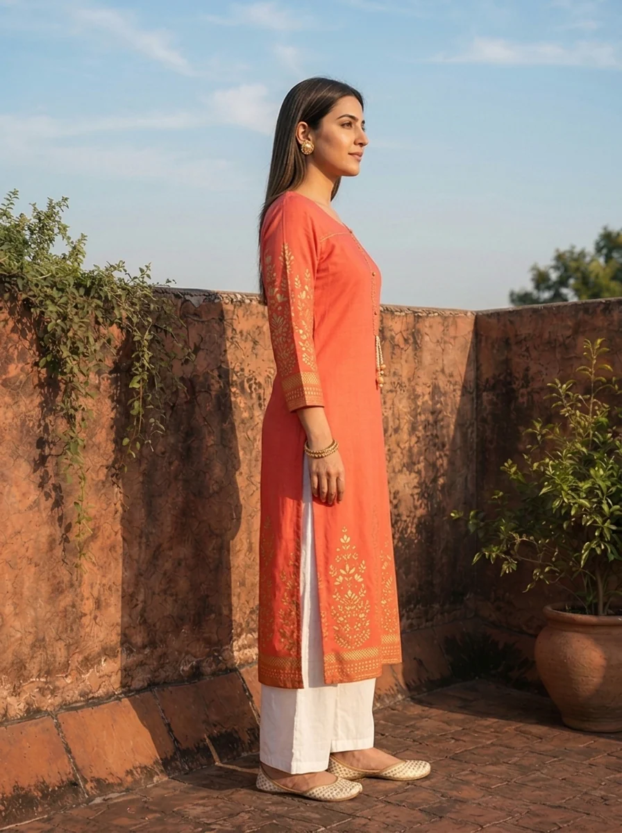 Coral Orange Rayon Floral Motifs Printed Kurta - Image 3