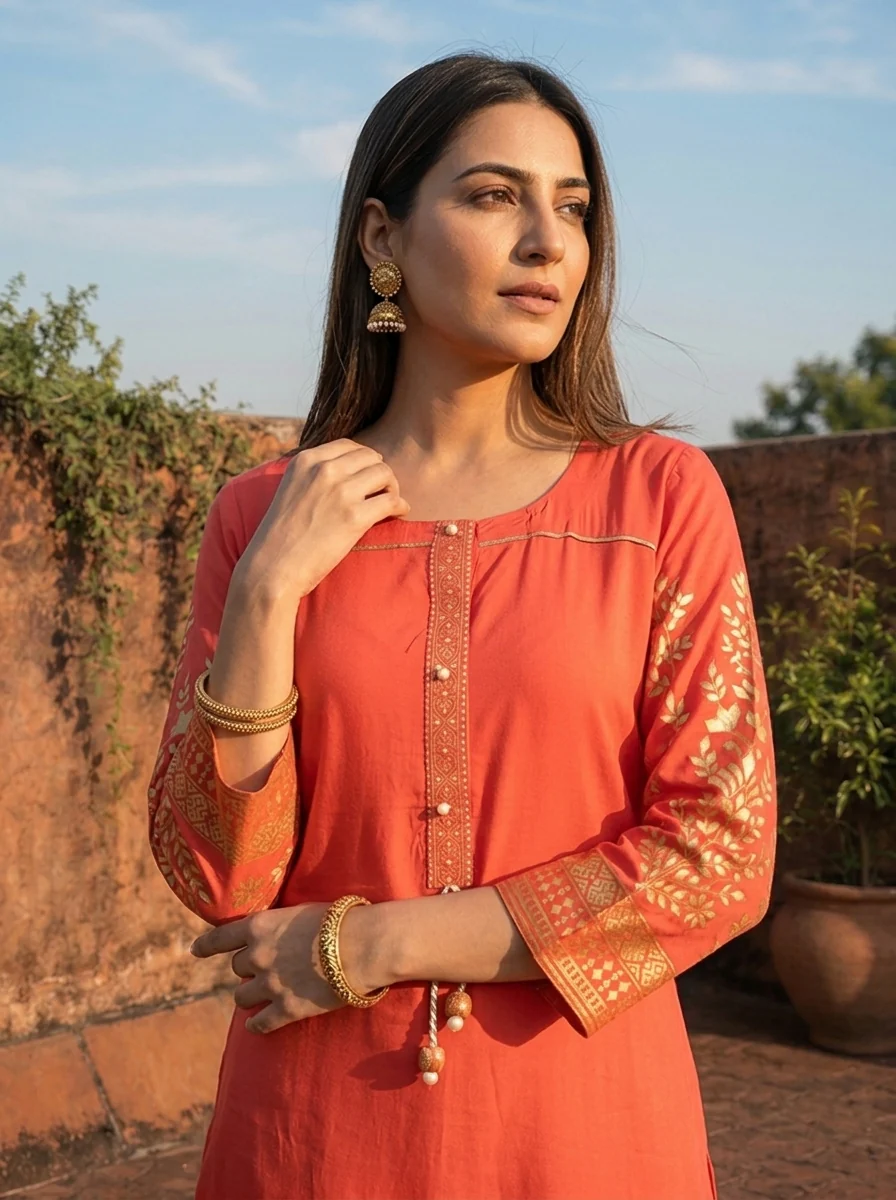 Coral Orange Rayon Floral Motifs Printed Kurta - Image 4