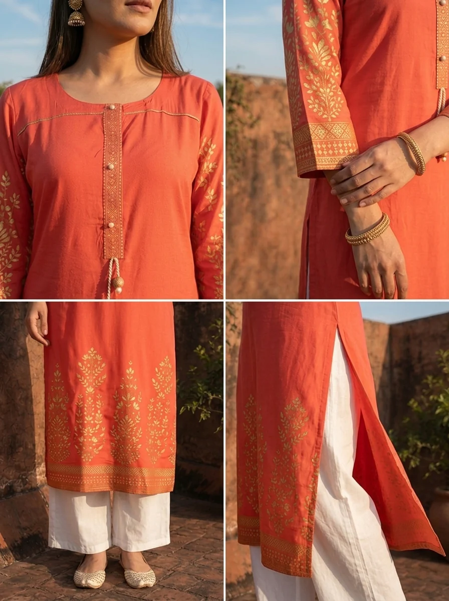 Coral Orange Rayon Floral Motifs Printed Kurta - Image 5