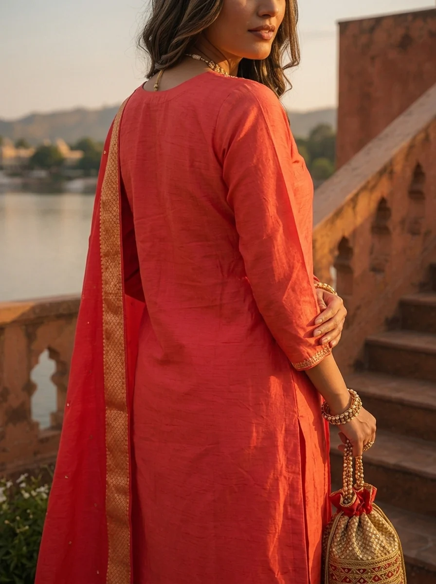 Coral Pink Tissue Thread Embroidered Three Piece Set - Image 4