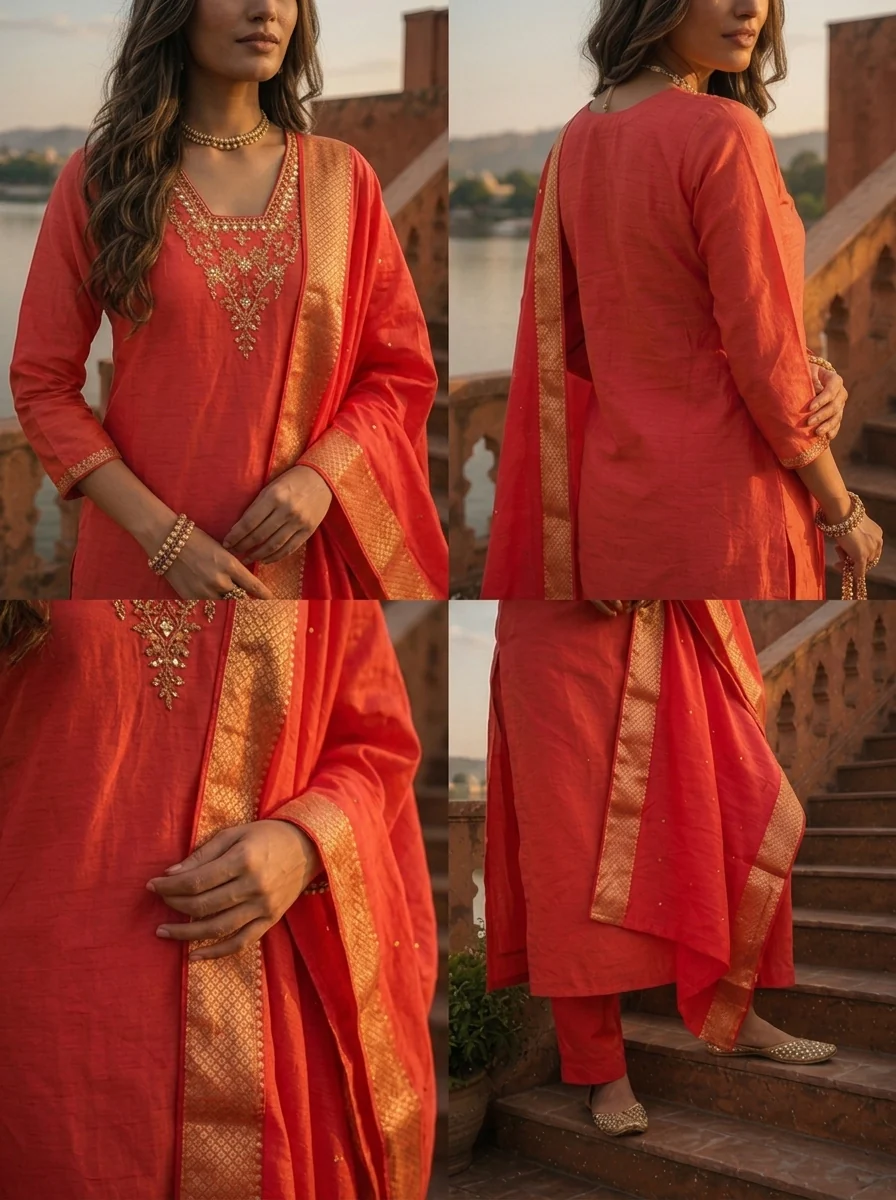Coral Pink Tissue Thread Embroidered Three Piece Set - Image 5