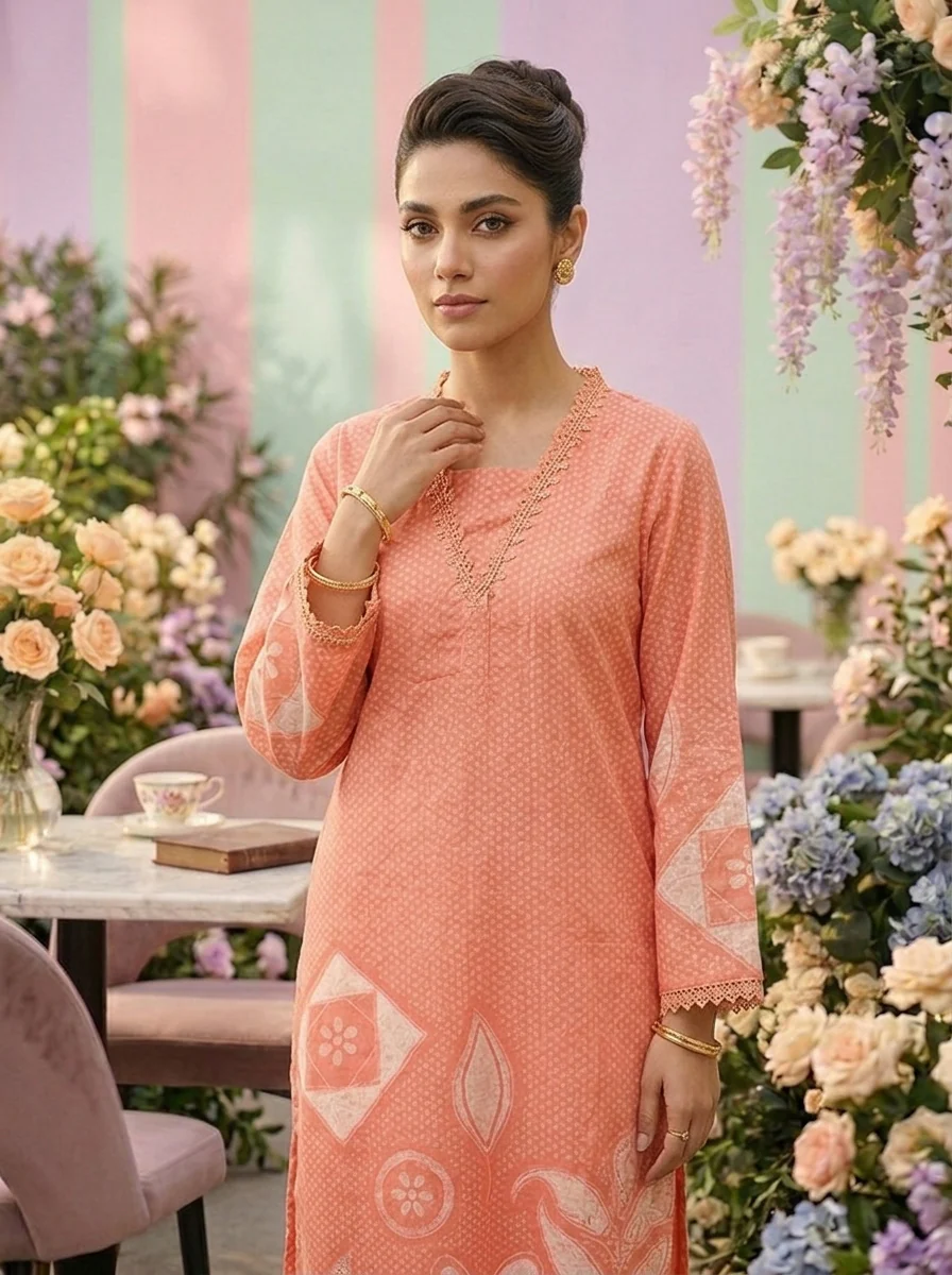 Coral Rayon Paisley Printed Three Piece Set - Image 4