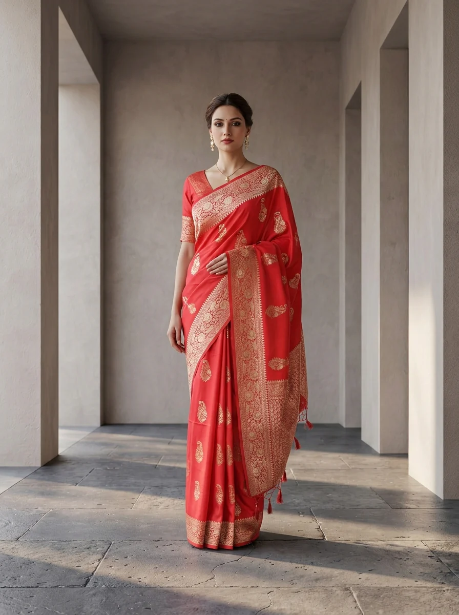 Coral Red Silk Saree with Floral Gold Zari Weaving - Image 2