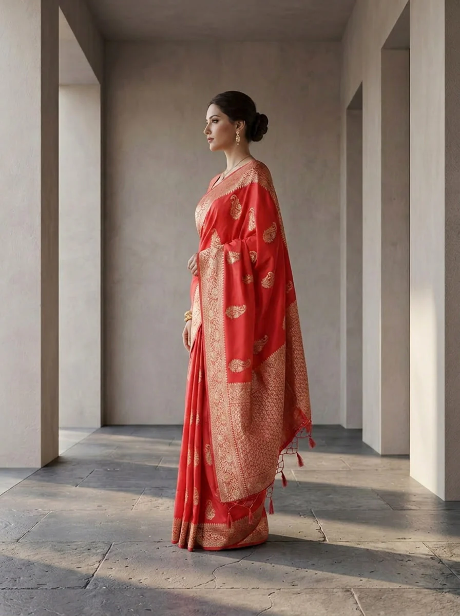 Coral Red Silk Saree with Floral Gold Zari Weaving - Image 3