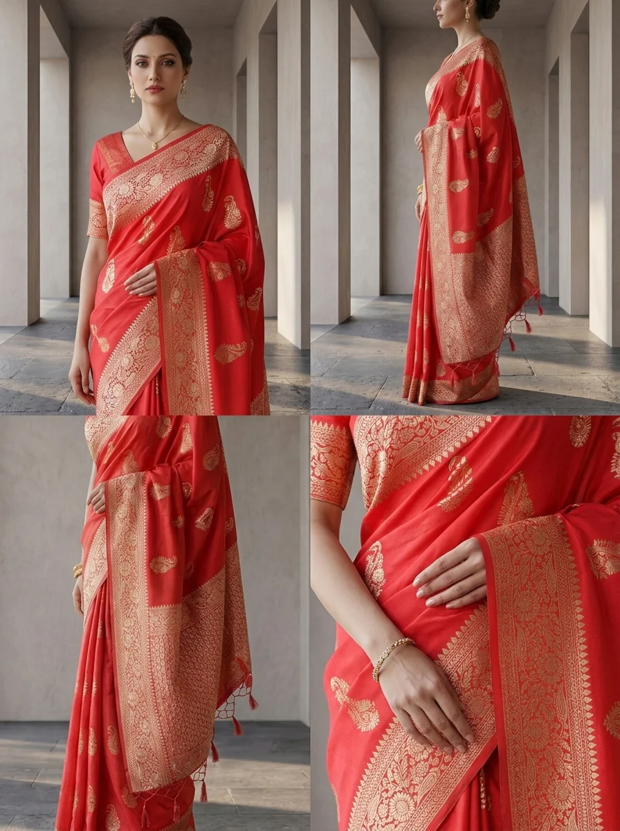 Coral Red Silk Saree with Floral Gold Zari Weaving - Image 4