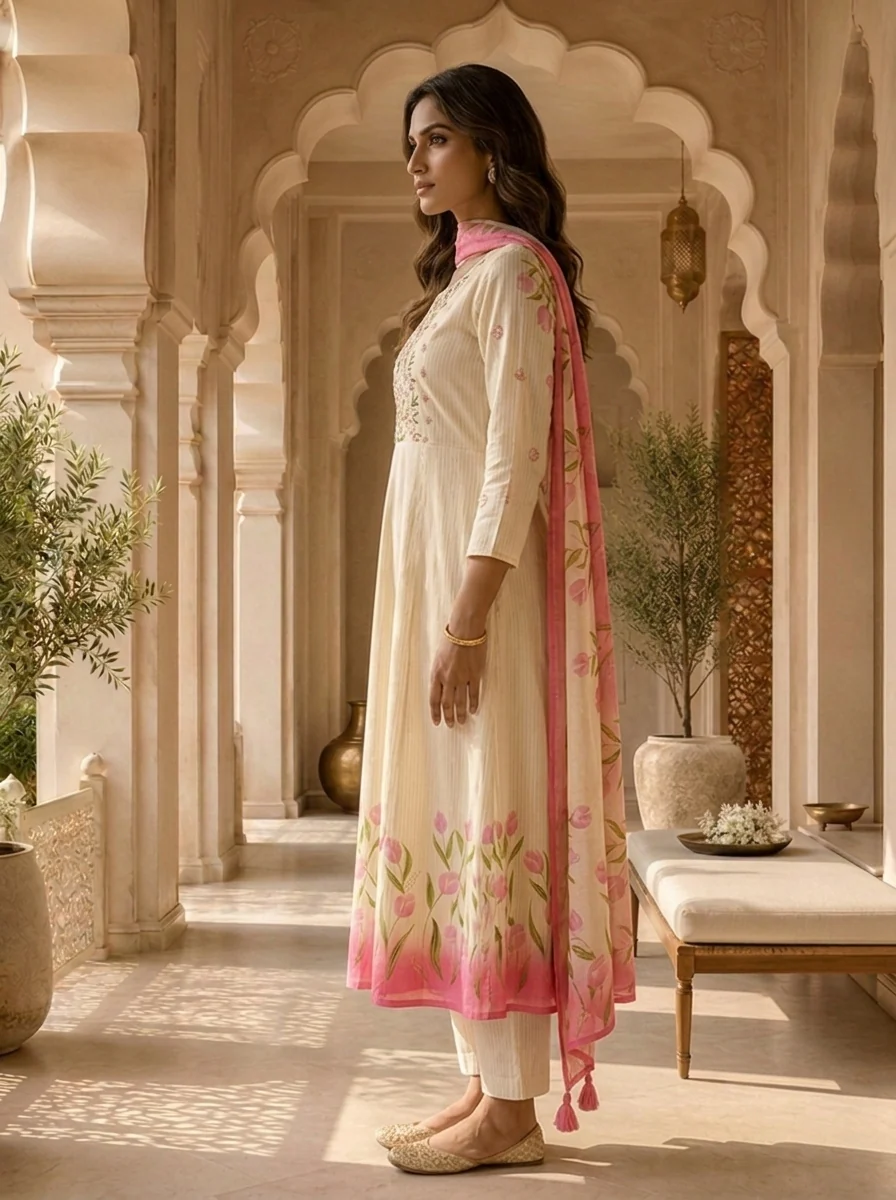 Cream And Pink Stripe Printed And Floral Thread Embroidery Three Piece Set - Image 3
