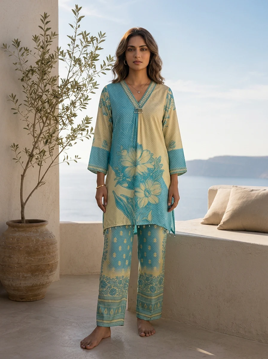 Cream And Sky Blue Beads Embroidered And Floral Printed Crepe Two Piece Set - Image 2