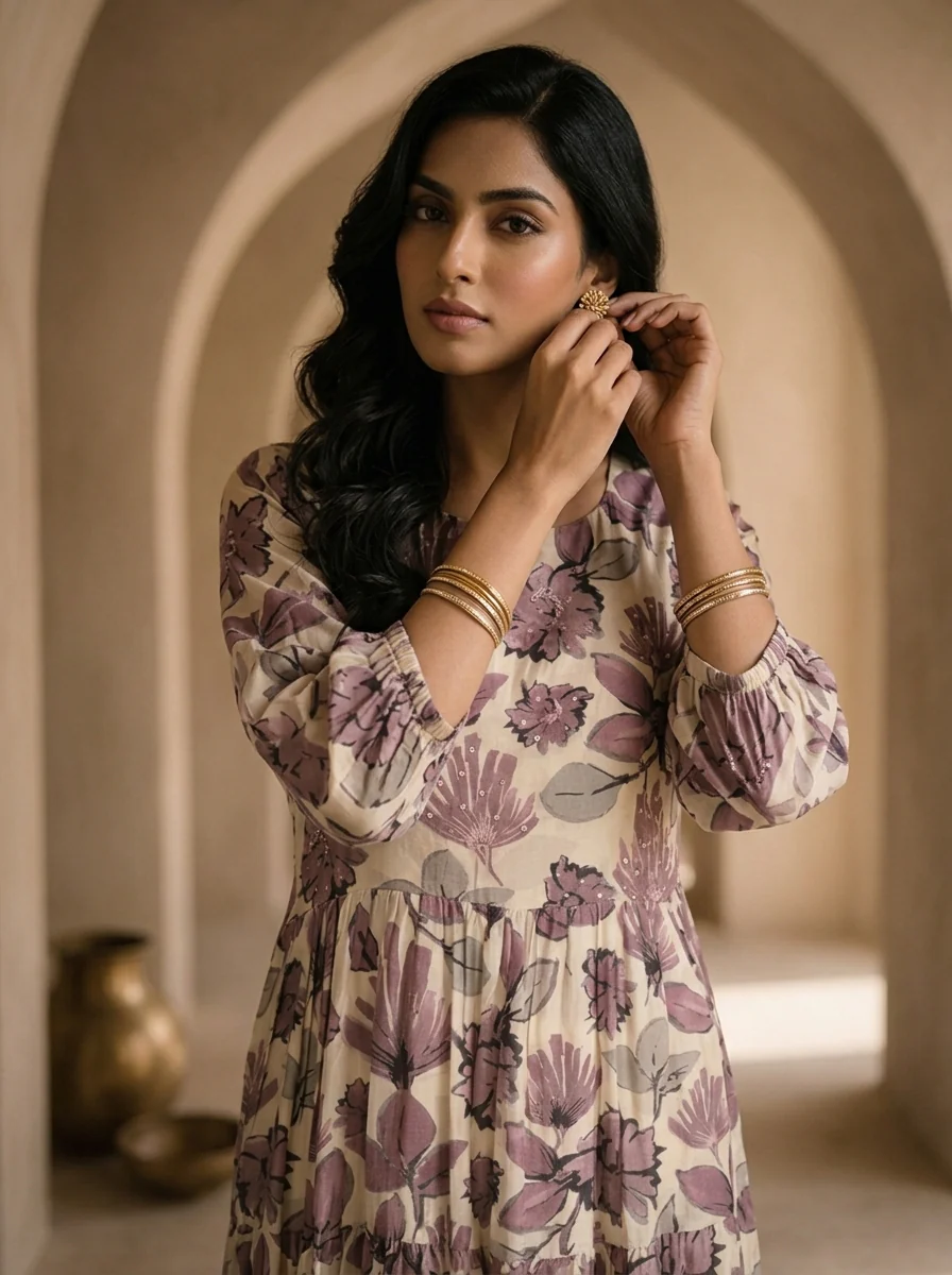 Cream And Wine Printed And Hand Embroidery Long Dress - Image 4