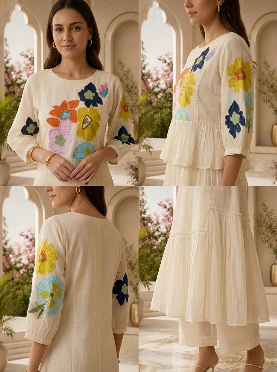 Cream Chanderi Floral Thread Embroidered Long Dress - Image 5