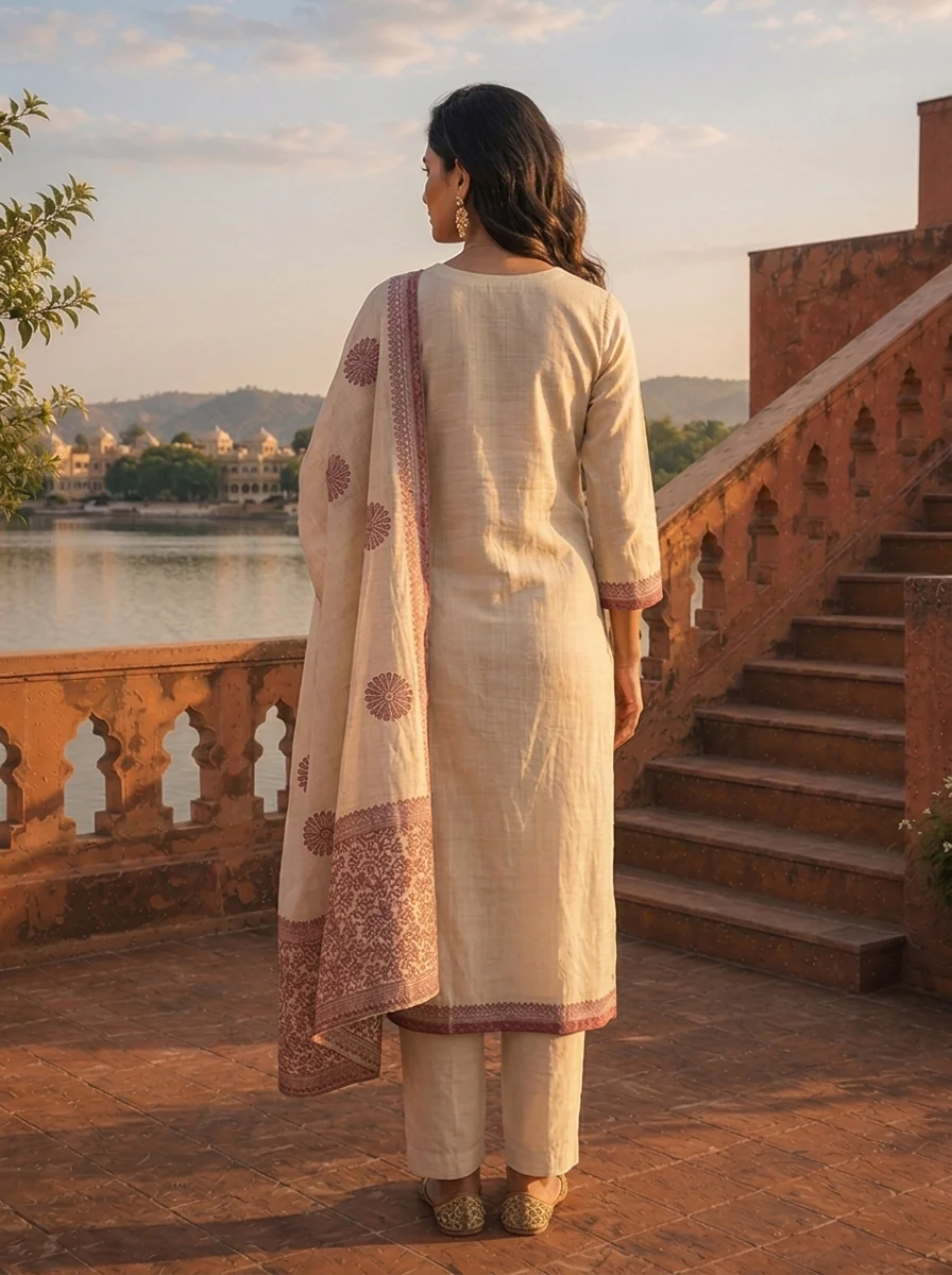 Cream Chanderi Silk Mauve Floral Thread Embroidered Three Piece Set - Image 3