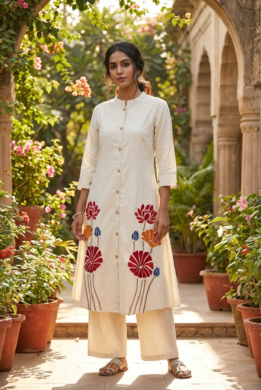 Cream Cotton Floral Embroidery Two Piece Set