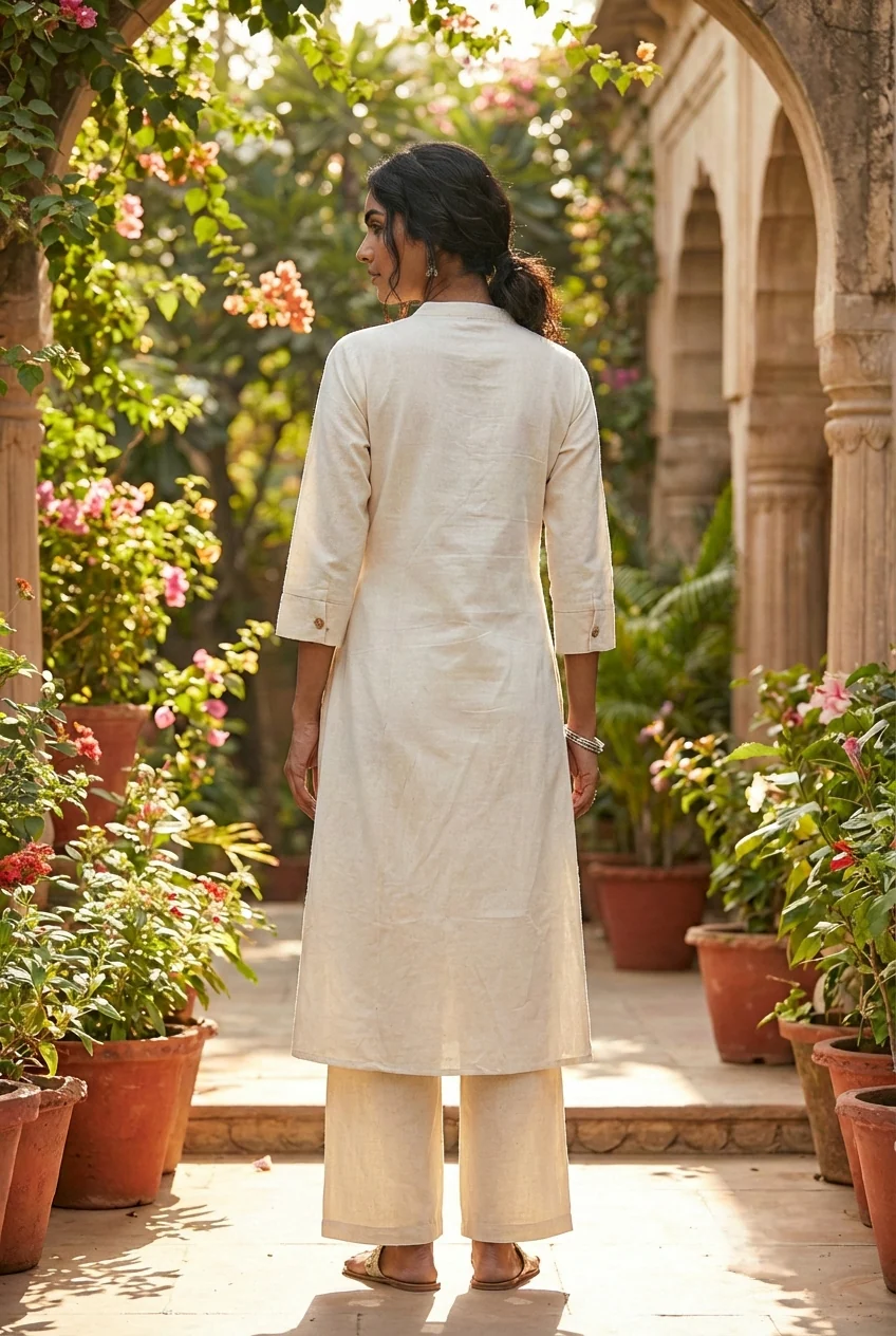 Cream Cotton Floral Embroidery Two Piece Set - Image 2