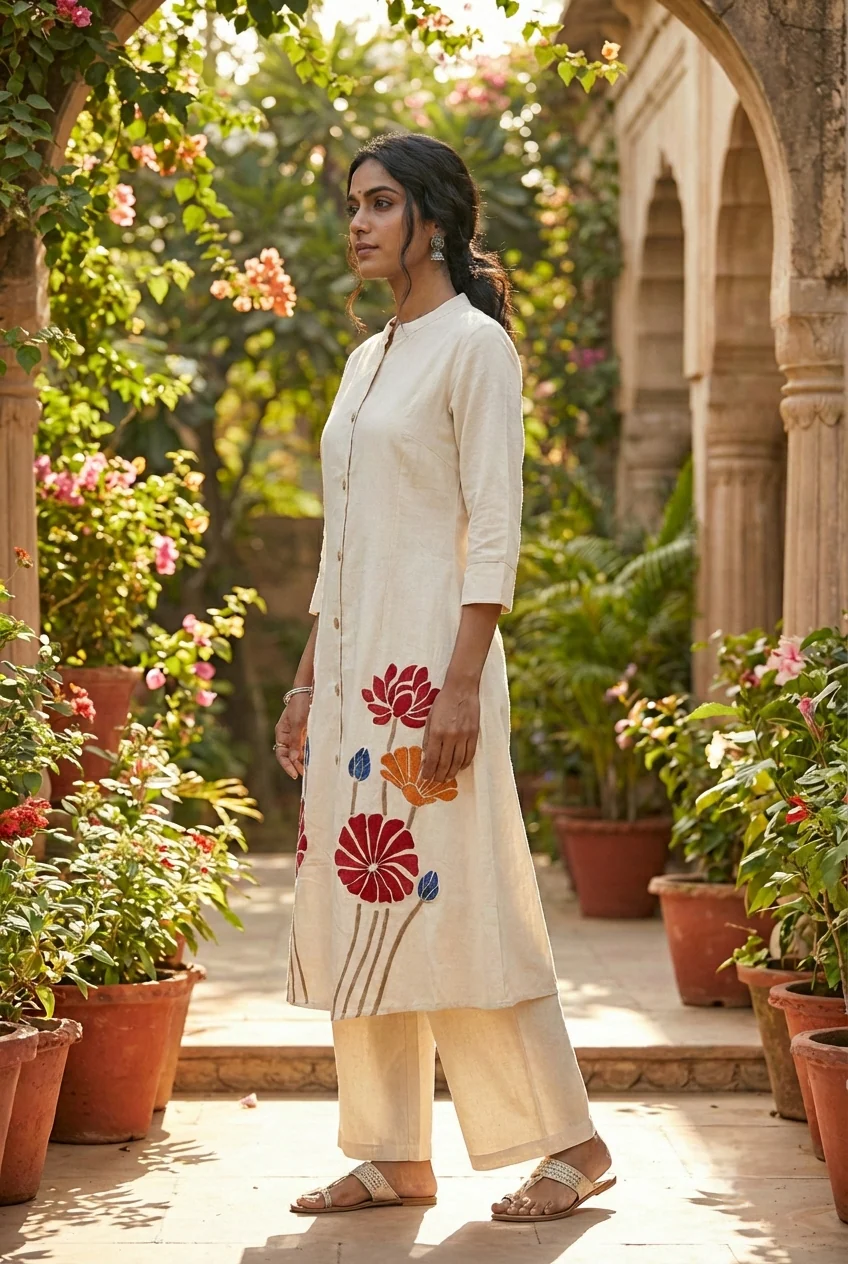 Cream Cotton Floral Embroidery Two Piece Set - Image 3