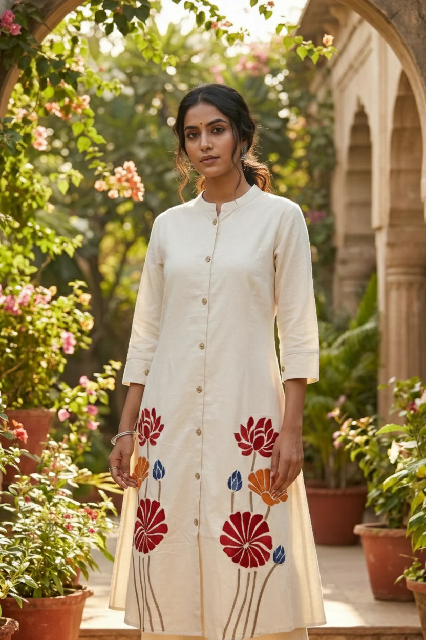Cream Cotton Floral Embroidery Two Piece Set - Image 4