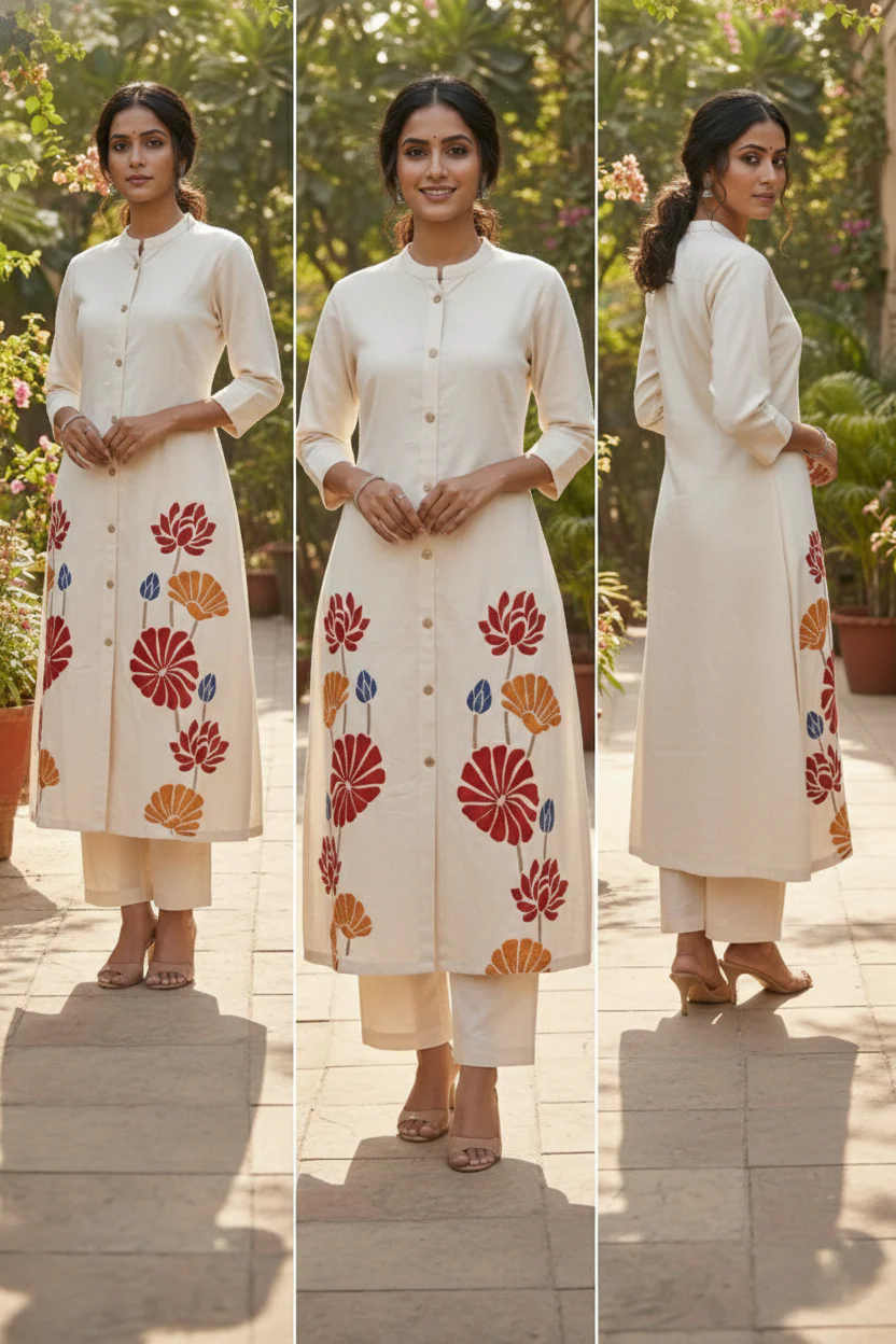 Cream Cotton Floral Embroidery Two Piece Set - Image 5