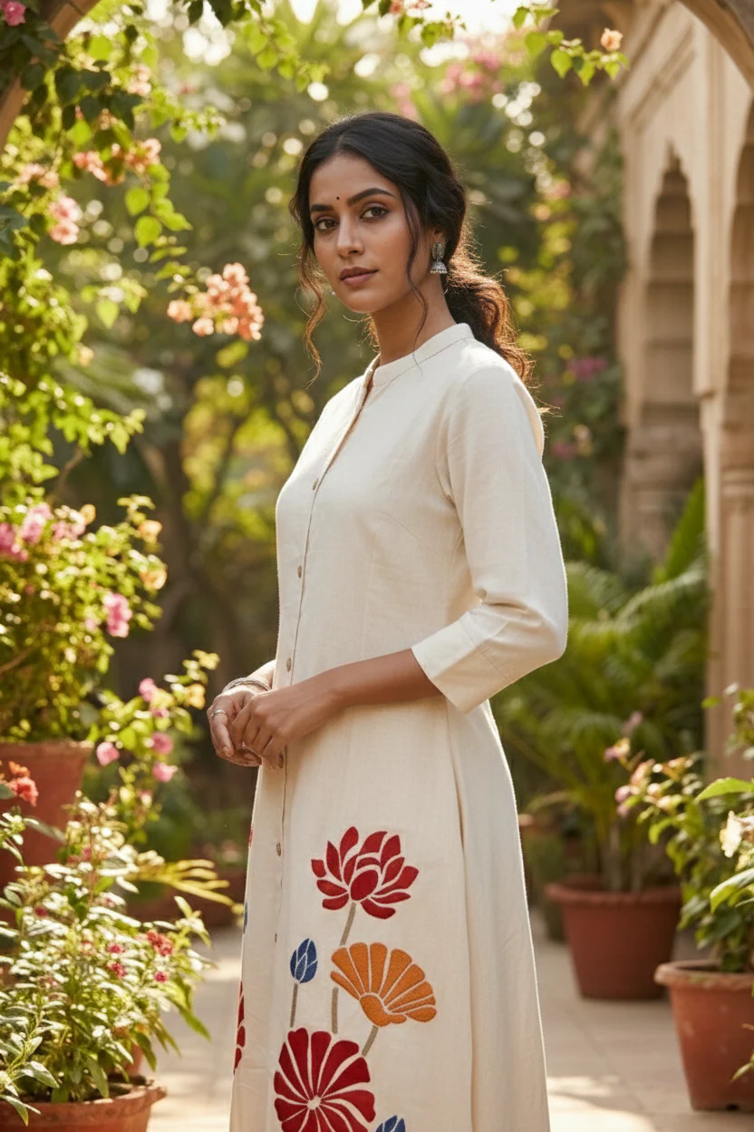 Cream Cotton Floral Embroidery Two Piece Set - Image 6