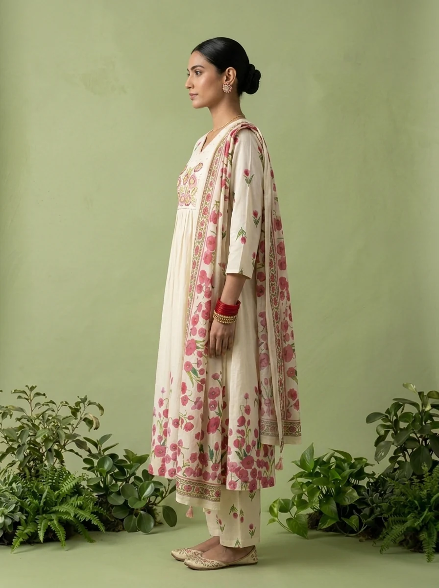 Cream Cotton Floral Printed And Thread Embroidery Three Piece Set - Image 3