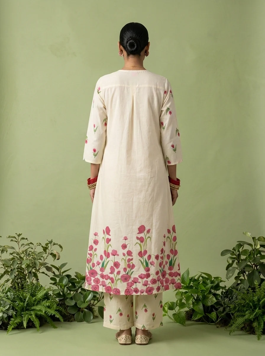Cream Cotton Floral Printed And Thread Embroidery Three Piece Set - Image 4