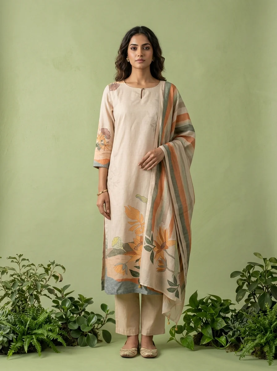 Cream Cotton Floral Printed Three Piece Set