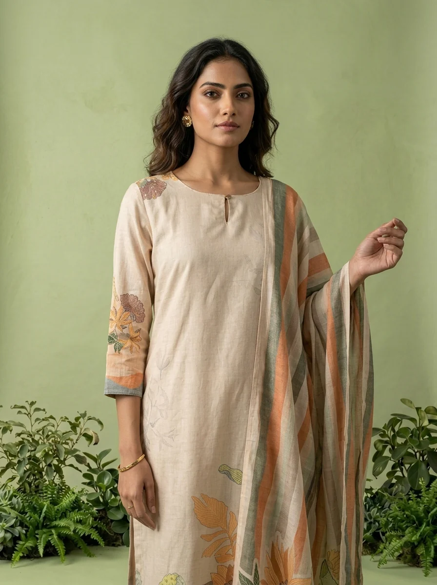Cream Cotton Floral Printed Three Piece Set - Image 4
