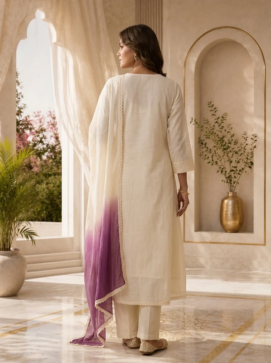 Cream Cotton Hand Embroidery And Chikankari Design Three Piece Set - Image 3