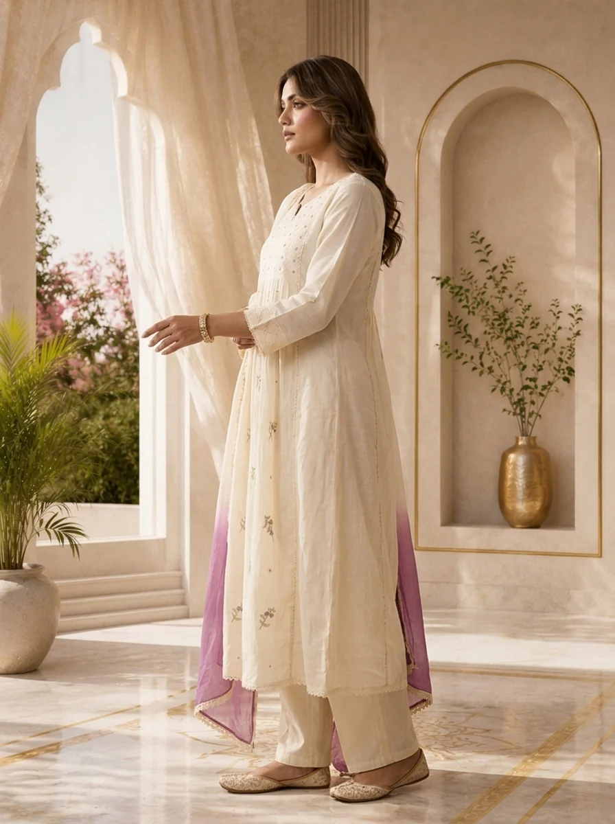 Cream Cotton Hand Embroidery And Chikankari Design Three Piece Set - Image 4