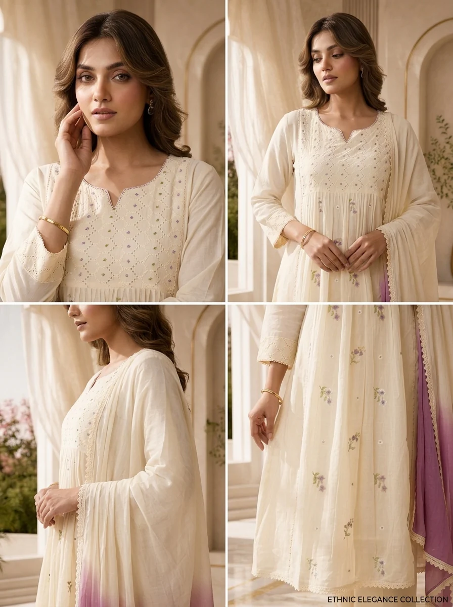 Cream Cotton Hand Embroidery And Chikankari Design Three Piece Set - Image 5