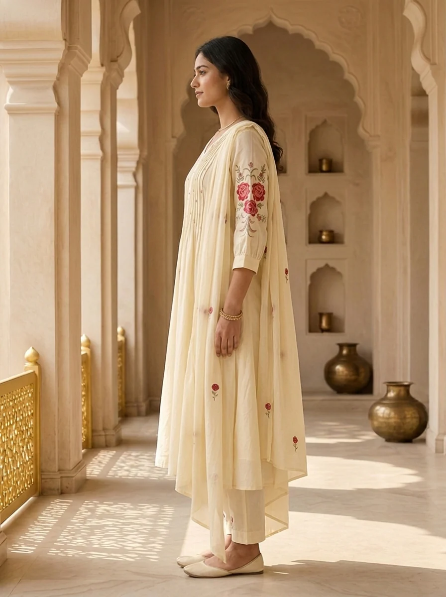 Cream Cotton Pleated Design And Floral Thread Embroidery Three Piece Set - Image 3