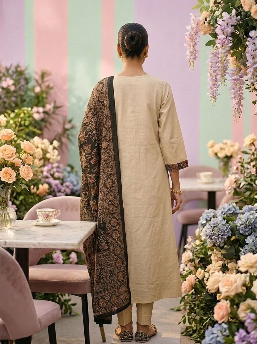 Cream Cotton Printed Three Piece Set - Image 2