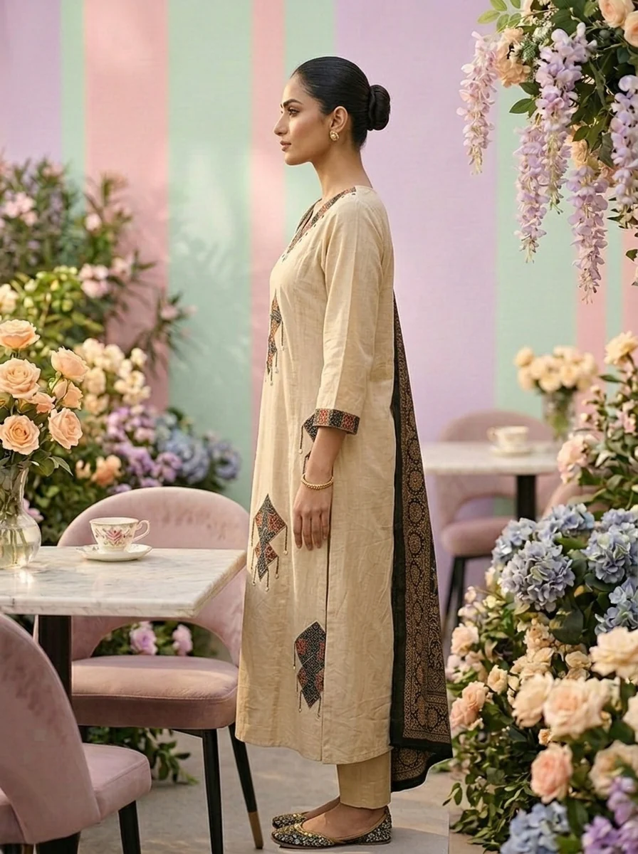 Cream Cotton Printed Three Piece Set - Image 3