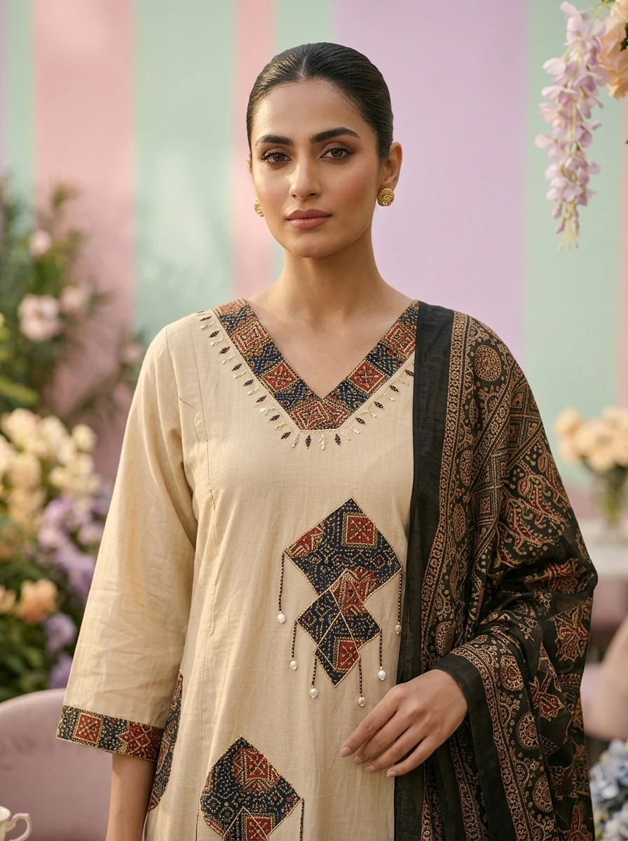 Cream Cotton Printed Three Piece Set - Image 4