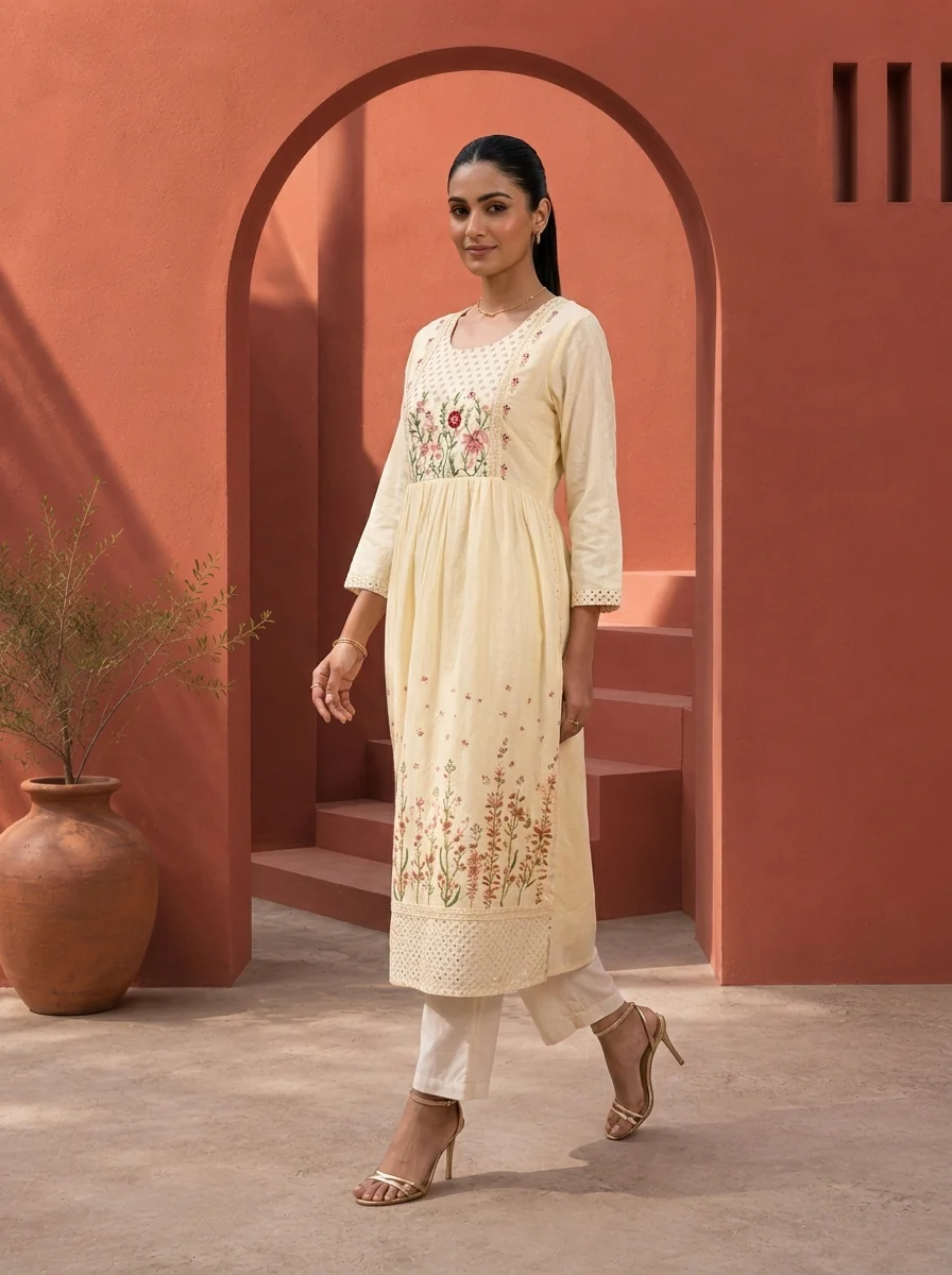 Cream Cotton Resham Floral Embroidered Kurta