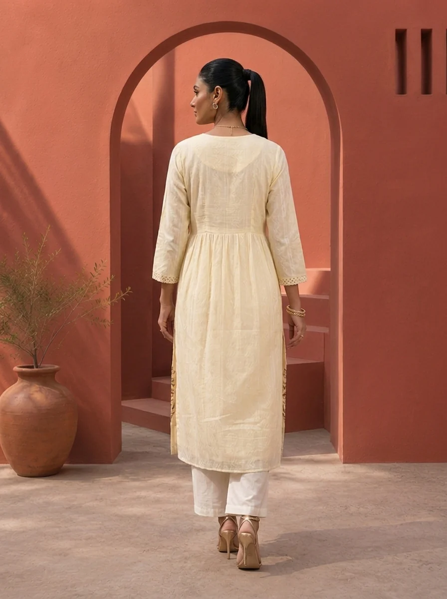 Cream Cotton Resham Floral Embroidered Kurta - Image 2