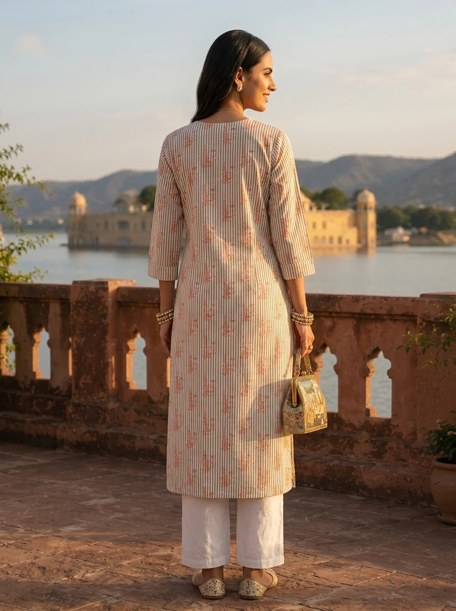 Cream Cotton Stripe And Floral Printed Kurta - Image 2